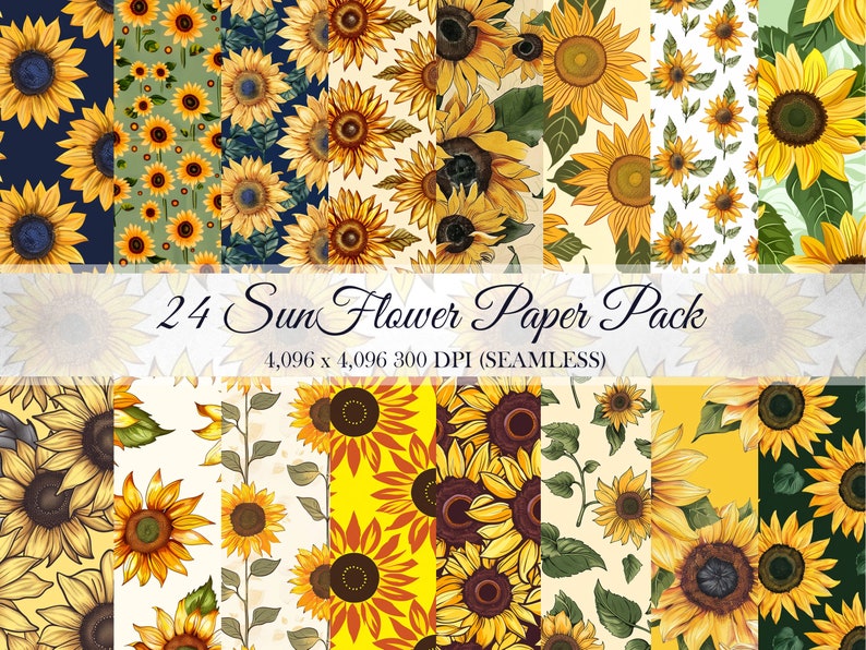 24 Sunflower Vintage Digital Paper Flower Pack Sunflowers Pattern ...