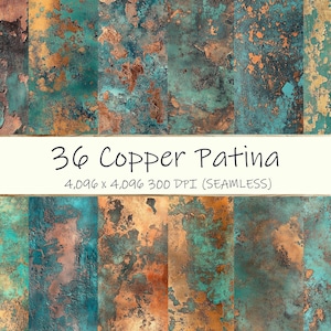 May include: 36 seamless digital paper patterns featuring a copper patina texture with shades of green, brown, and gold. The patterns are 4,096 x 4,096 pixels at 300 DPI.