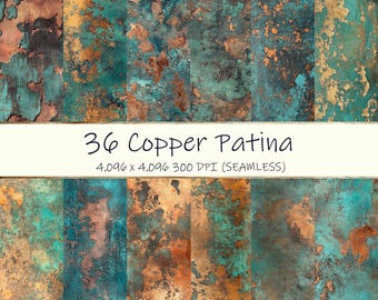 Copper Patina Digital Paper 36 Pack Rusty Metal Texture Metallic Seamless Patterns Backgrounds Scrapbooks Texture Commercial Use PNG 300 DPI
