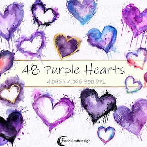 48 Lila Herz Farbe Splatter Splash Aquarell Clipart Heart Pack PNG Digitaler Download 300 DPI Kommerzielle Nutzung Sublimation Kunst Bild Bündel