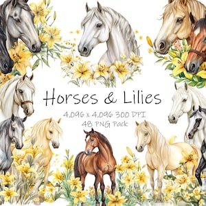 48 Cavalos Florais Cavalo Lírio Amarelo Flor Animal Aquarela Clipart Imprimível PNG Download Digital 300 DPI Uso Comercial Sublimação Imagem
