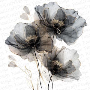 May include: An artistic illustration of three large, stylized flowers in shades of gray and black, with delicate gold outlines and centers. The floral design has a transparent, ethereal quality, set against a white background.