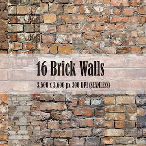 May include: A collection of 16 seamless brick wall textures. Each texture is 3,600 x 3,600 pixels and 300 DPI. The brick walls are in various shades of red, brown, and gray, with some showing signs of wear and tear.