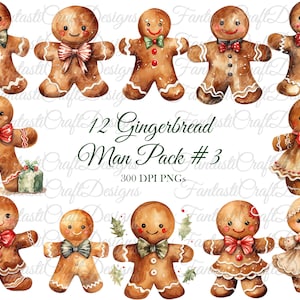 12 Gingerbread Man Pack #3 Christmas Cookie Clipart PNG Digital Download 300 DPI Commercial Use Digital Paper Holiday Card Art Image Bundle
