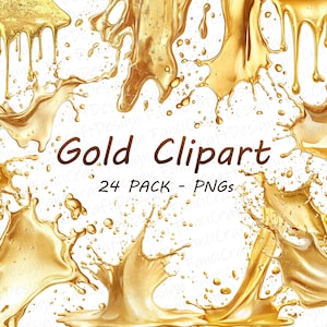 Puede incluir: Un conjunto de 24 imágenes de clipart de salpicaduras y gotas de líquido dorado. Las imágenes son archivos PNG de alta resolución y se pueden usar para proyectos de diseño digital.