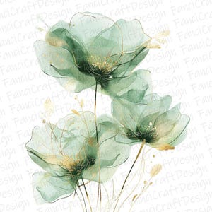 May include: Watercolor painting of three translucent green flowers with gold accents and stems. The flowers have delicate petals and are set against a white background. The artwork has a soft, ethereal quality.
