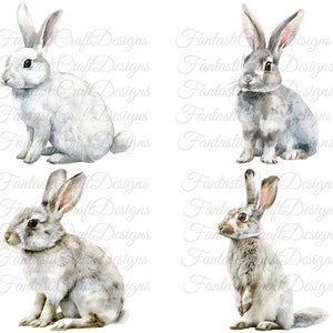 May include: Watercolor illustrations of four rabbits in various poses. The rabbits are depicted in shades of white, gray, and brown, with long ears and fluffy tails. The artwork has a soft, artistic style, perfect for Easter or spring-themed crafts.