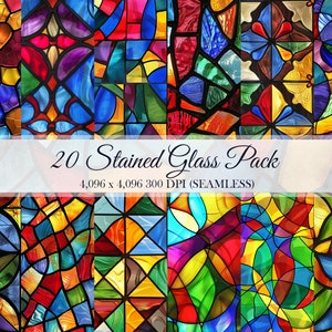 Stained Glass Digital Paper Pack of 20 Pattern Seamless Stained Glass Tile Art Scrapbooks Sublimation Commercial Use JPEGs 300 DPI Texture