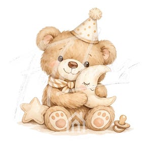 Op de afbeelding: Waterverfillustratie van een teddybeer met een feesthoed en sjaal, die een maan vasthoudt. Een ster en een fopspeen zijn ook aanwezig. De beer is lichtbruin met een crèmekleurige hoed en sjaal, en de maan heeft gesloten ogen.