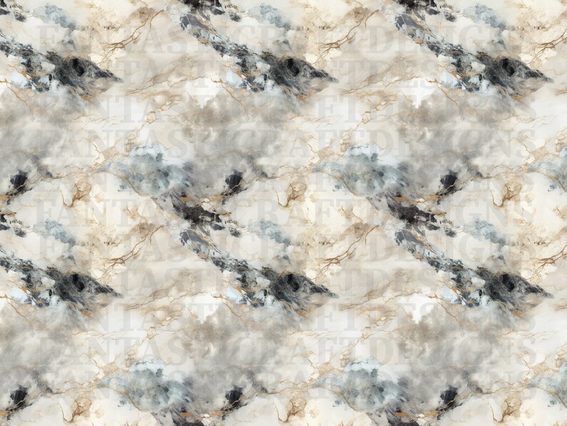 May include: Abstract seamless pattern with a white background and gray, blue, and gold marble veins. The pattern is perfect for use in home decor, fashion, and other design projects.