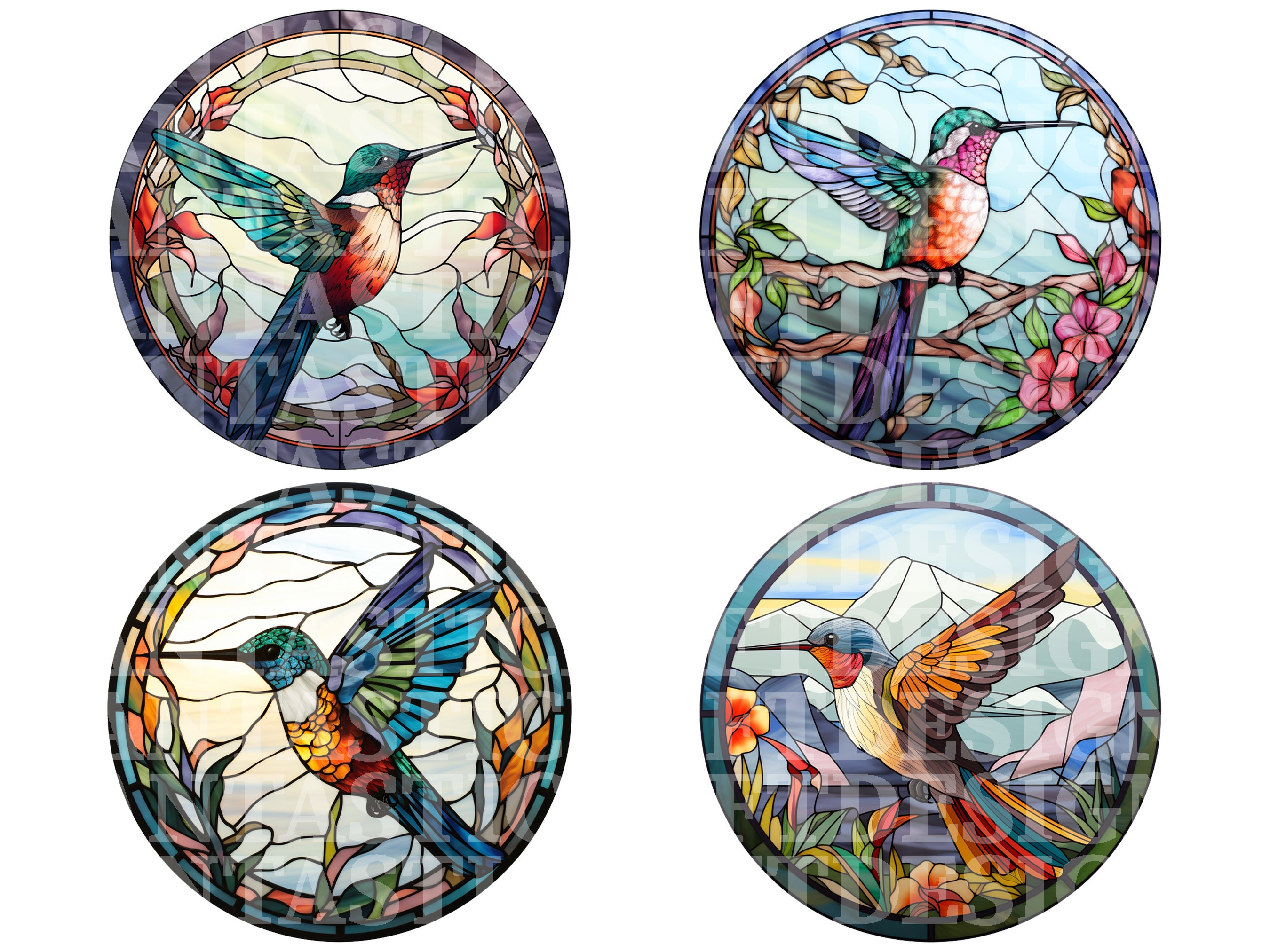 12 Stained Glass Hummingbird Bird Pack Transparent Circle PNG Digital ...