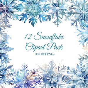 12 Paquete de copos de nieve Navidad Invierno Acuarela PNG Descarga digital 300 DPI Uso comercial Tarjeta navideña de papel digital Haciendo paquete de imágenes de arte