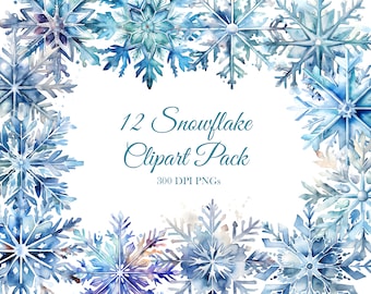 Paquete de 12 copos de nieve navideños de invierno, acuarela, PNG, descarga digital, 300 DPI, uso comercial, papel digital, creación de tarjetas navideñas, imágenes artísticas.