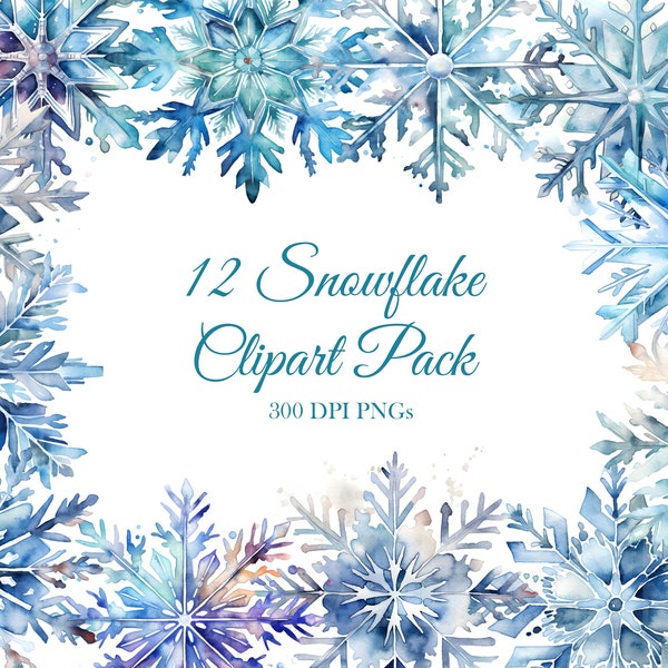 12 Snowflake Pack Christmas Winter Watercolor PNG Digital Download 300 DPI Commercial Use Digital Paper Holiday Card Making Art Image Bundle