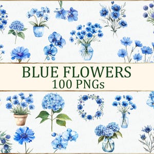 Blue Flowers 100 Floral Clipart Pack Watercolor Printable PNG Digital Download 300 DPI Commercial Use Sublimation Art Hydrangea Image Bundle