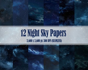Natthimmel 12 SÖMLÖSA Digitala Papper Galax Stjärnor Nebulosa Rymden Texturpaket Mönster Bakgrunder Scrapbooks Kommersiellt Använd JPG 300 DPI JPEG
