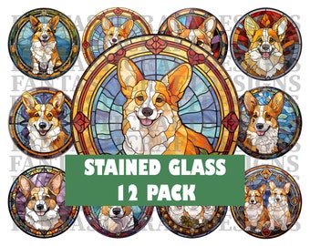 Könnte beinhalten: Zwölf runde, farbige Glasaufkleber mit einem Corgi-Hund in verschiedenen Posen. Die Aufkleber sind in verschiedenen Farben, darunter Blau, Rot, Grün und Gelb. Der Text "STAINED GLASS 12 PACK" ist auf einem grünen Banner abgebildet.