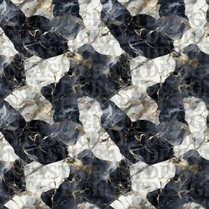 May include: Abstract seamless pattern with black, white, and gold marble. The pattern features a geometric design with irregular shapes.
