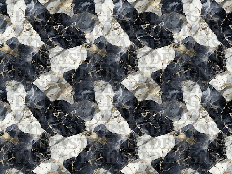 May include: Abstract seamless pattern with black, white, and gold marble. The pattern features a geometric design with irregular shapes.