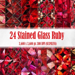 May include: 24 seamless digital paper patterns featuring stained glass designs in shades of red, pink, and gold. The patterns are 3,600 x 3,600 pixels and 300 DPI.