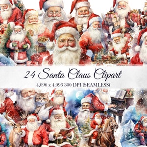 24 Santa Claus Christmas Clipart Pack PNG Descarga digital 300 DPI Uso comercial Papel Tarjeta de vacaciones de invierno Fabricación de imágenes de arte de pared Paquete