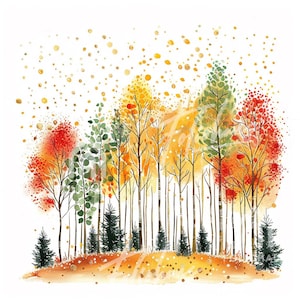 May include: Watercolor painting of a forest scene with trees in various stages of autumn color. The trees range from green to yellow and red, with gold accents. The artwork is set against a white background.