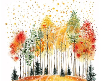 6枚の水彩画風の秋の風景イラスト、季節の工芸品や装飾に最適な秋の