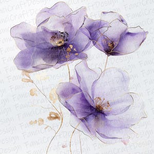 May include: Watercolor illustration of purple flowers with gold outlines and accents. The delicate petals have a translucent quality, and the image is set against a white background. The overall theme is floral and artistic.