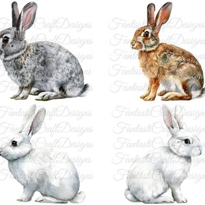 May include: Watercolor illustrations of four rabbits in various poses. The rabbits are depicted in shades of gray, brown, and white, with long ears and detailed fur. The artwork has a soft, artistic style, suitable for Easter or spring-themed crafts.