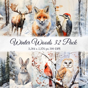 32 Winter Bos & Dieren Aquarel Achtergronden Digitaal Papierpakket Vakantie Kunst Kerstkaart Maken Scrapbook Commercieel Gebruik PNGs 300 DPI
