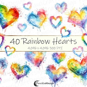 Rainbow Hearts Paint Splatter Splash Acuarela Clipart Heart Pack PNG Descarga digital 300 DPI Uso comercial Sublimación Arte Imagen Paquete
