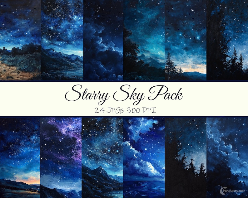 Starry Night Sky 24 Digital Paper Stars Texture Pack Blue Patterns ...