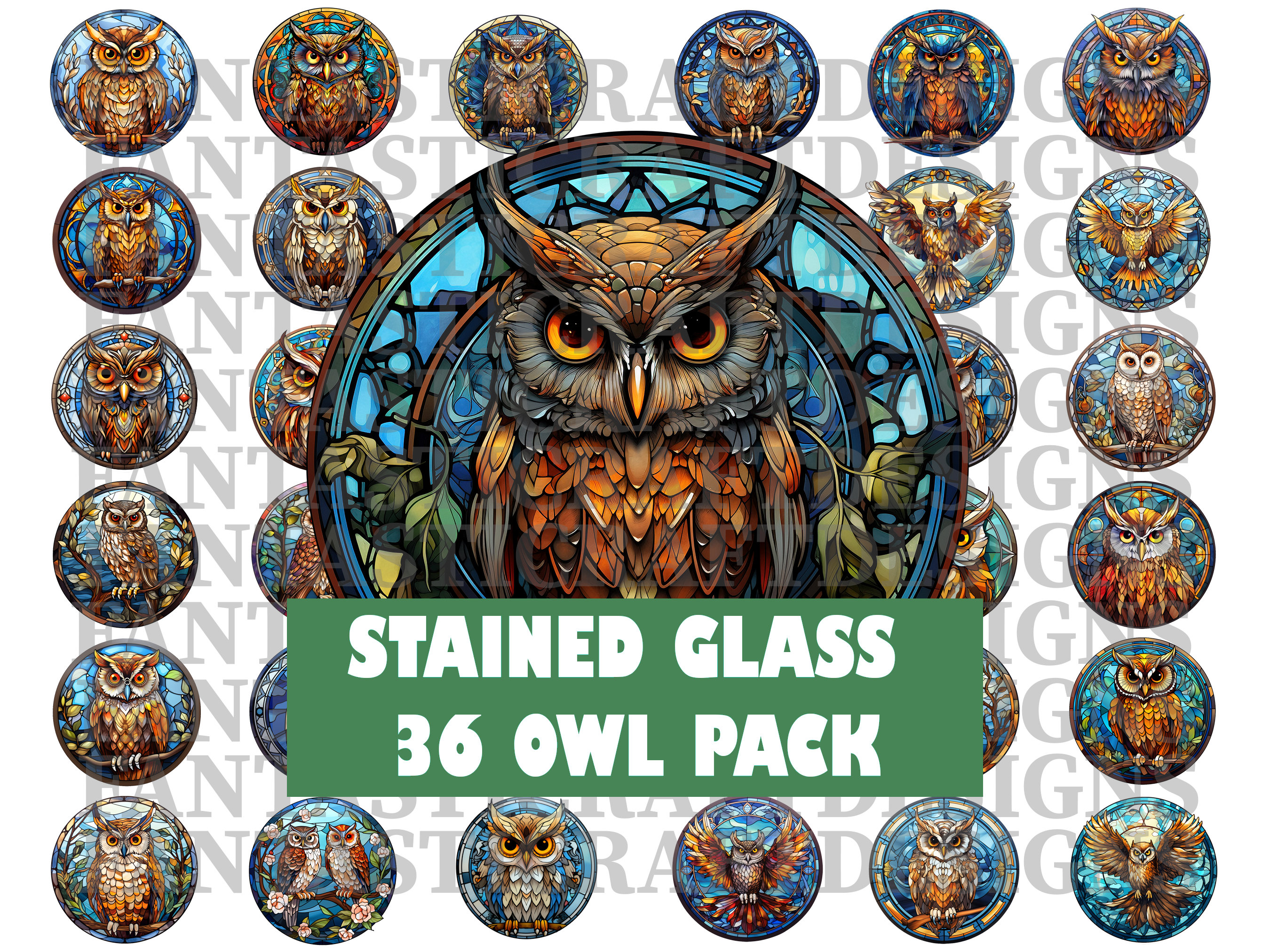 36 Stained Glass Owl Pack Transparent Circle PNG Digital Download 300 DPI Commercial Use