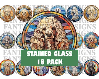 Könnte beinhalten: Ein Set mit 18 Buntglasbildern, die einen Pudel in verschiedenen Posen und Farben zeigen. Die Bilder sind rund und haben einen Buntglasseffekt. Der Text "STAINED GLASS 18 PACK" ist in Grün dargestellt.