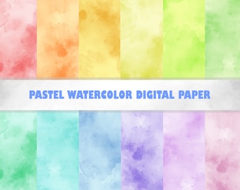 12 pastelowych akwarelowych papierów cyfrowych w tęczowym opakowaniu, bezszwowe, miękkie odcienie, tła do scrapbooków, tekstury, do użytku komercyjnego, pliki JPEG, 300 DPI