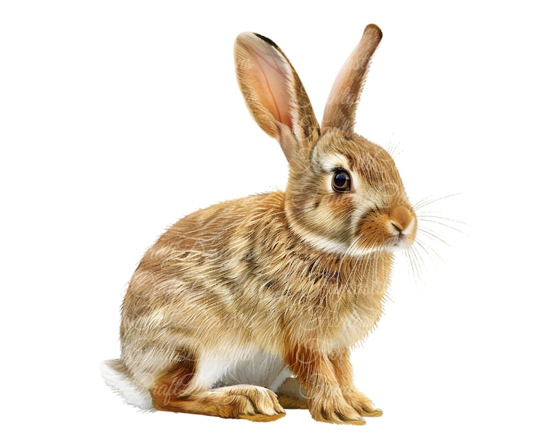 May include: A detailed illustration of a brown rabbit with long ears and a fluffy coat. The rabbit is sitting upright, with its eyes focused to the right. The fur has a mix of light and dark brown tones, and the background is plain white.