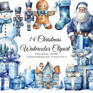 Niebieskie świąteczne akwarele 14-pak ozdób PNG cyfrowe pobieranie 300 DPI do użytku komercyjnego Sublimacja Zimowe świąteczne grafiki clipart