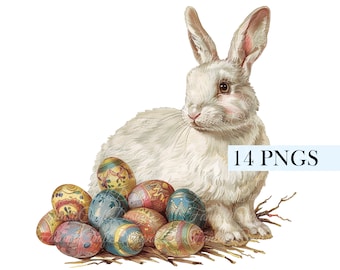 14 Cute Easter Bunny Animal Watercolor Clipart Fluffy White Rabbit Pack PNG Digital Download 300 DPI Commercial Use Sublimation Image Bundle