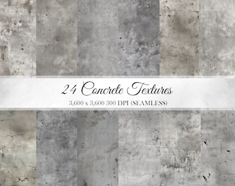 May include: A set of 24 seamless concrete textures, each measuring 3,600 x 3,600 pixels at 300 DPI. The textures feature various shades of gray and subtle variations in the concrete surface.