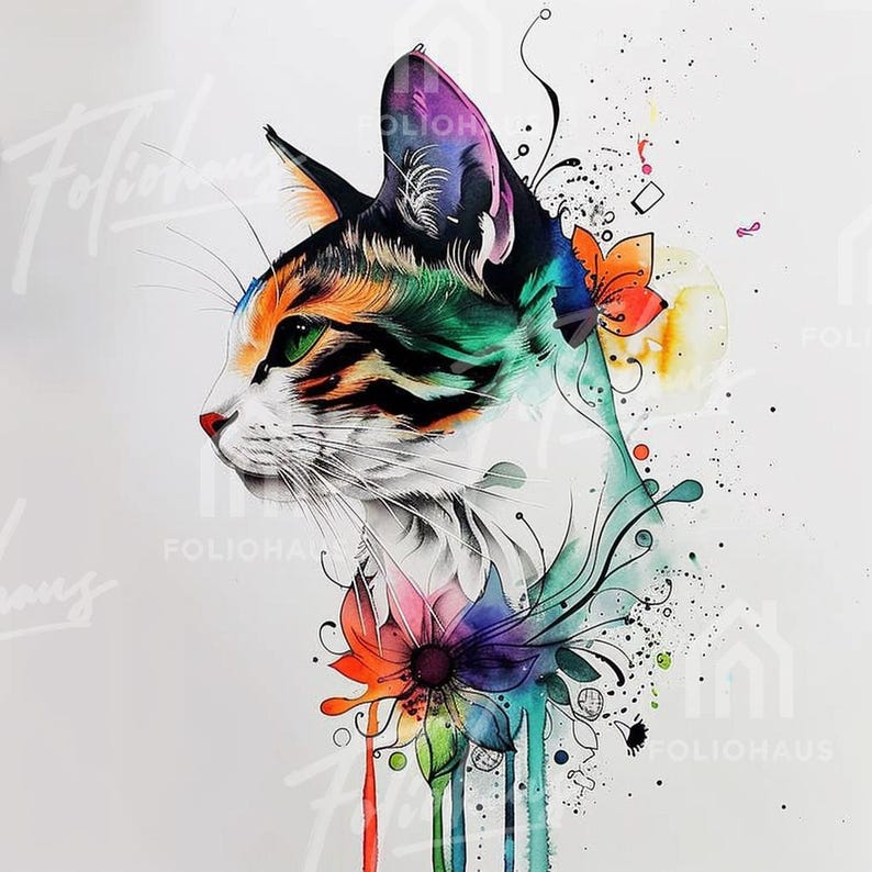 May include: Watercolor illustration of a cat in profile, featuring vibrant colors. The cat's fur is a mix of orange, black, and white, with green eyes and a red nose. Colorful floral accents and artistic paint splatters surround the cat, creating a whimsical design.