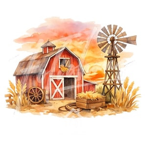 May include: Watercolor illustration of a red barn with a windmill, wheat, and a setting sun. The barn has a wooden door and a small window. A wooden cart wheel is next to the barn. The scene evokes a rural, farm theme.