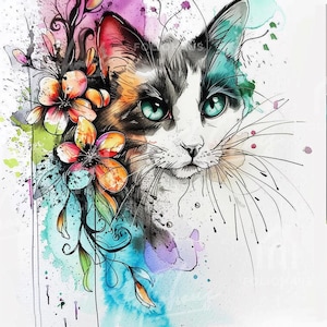 May include: Watercolor painting of a cat with striking teal eyes, adorned with colorful flowers and foliage. The cat's fur is a mix of white, black, orange, and brown. The background features watercolor splashes of purple, blue, and green.