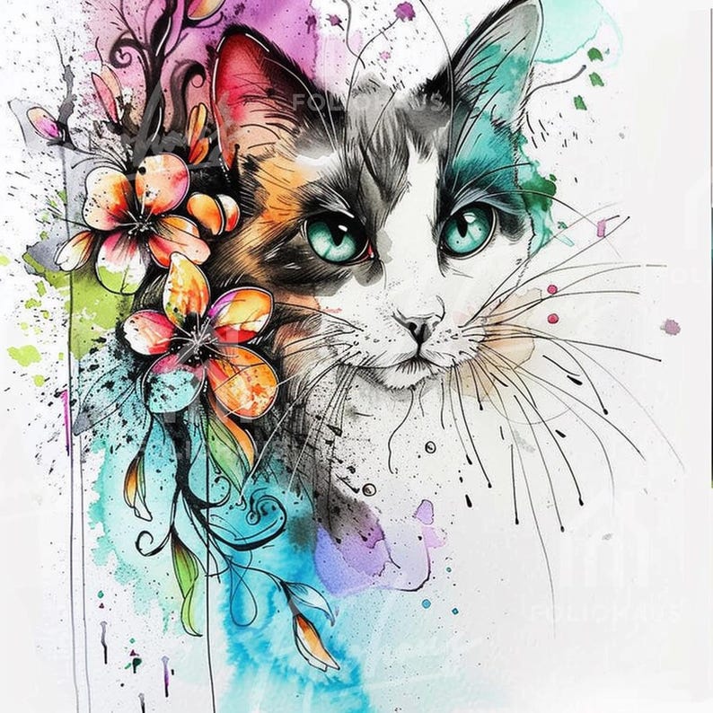 May include: Watercolor painting of a cat with striking teal eyes, adorned with colorful flowers and foliage. The cat's fur is a mix of white, black, orange, and brown. The background features watercolor splashes of purple, blue, and green.