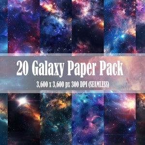 Puede incluir: Un paquete de 20 diseños de papel digital con patrones de galaxias coloridos, estrellas y nebulosas. Cada diseño tiene 3.600 x 3.600 píxeles y 300 DPI. Los papeles son sin costuras y se pueden usar para una variedad de proyectos creativos.