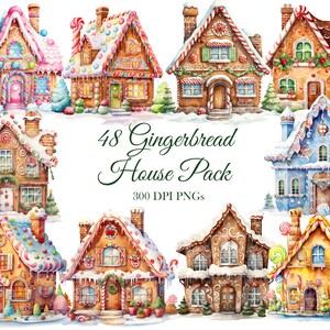 May include: A set of 48 watercolor illustrations of gingerbread houses. The houses are decorated with candy, frosting, and other festive details. The illustrations are perfect for creating holiday cards, invitations, or other crafts.