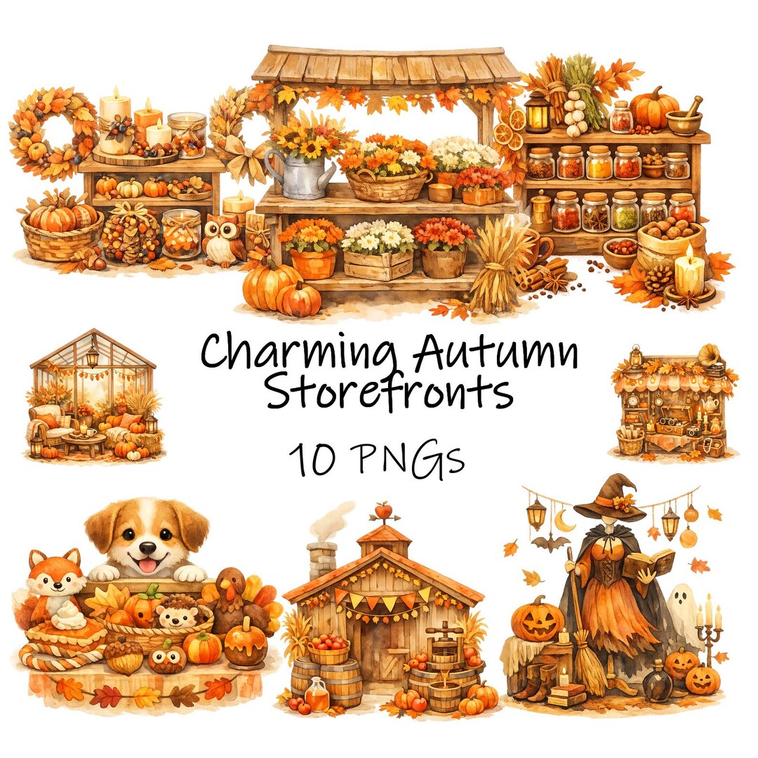 Fall Storefront Background Charming Autumn Storefronts Clipart Collection | 10 PNG | Transparent ...