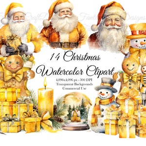 Żółta akwarela świąteczna 14-pak ozdób PNG cyfrowe pobieranie 300 DPI do użytku komercyjnego Sublimacja Zimowe świąteczne grafiki clipart