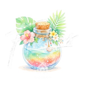 May include: Watercolor illustration of a round glass bottle filled with rainbow-colored liquid. The bottle is topped with a cork and decorated with tropical flowers and leaves. A seashell charm hangs from a twine bow.