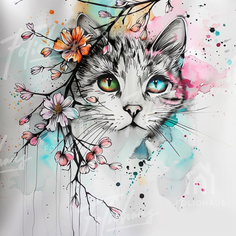 May include: Watercolor painting of a cat with heterochromia, one green and one blue eye. The cat is white and gray with floral accents of pink and orange blossoms. The background has watercolor splashes of pink, blue, and teal.