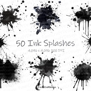 Schwarze Tinte Splatter Farbe Spritzen Aquarell Clipart Splotch 50er Pack PNG Digital Download 300 DPI Kommerzielle Nutzung Sublimation Kunst Bild Bundle